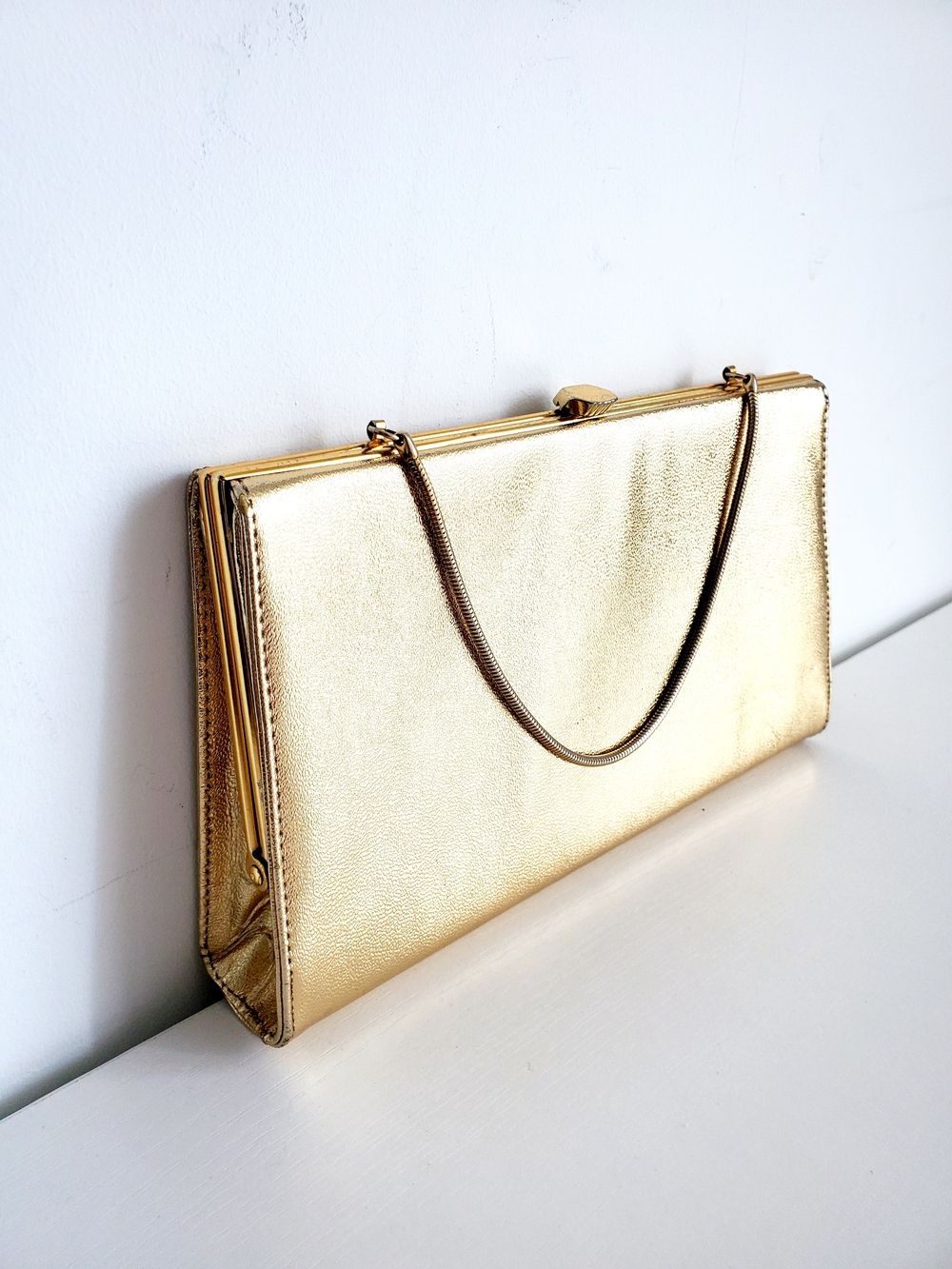 Gold Metallic Evening Clutch Bag with Chain Strap